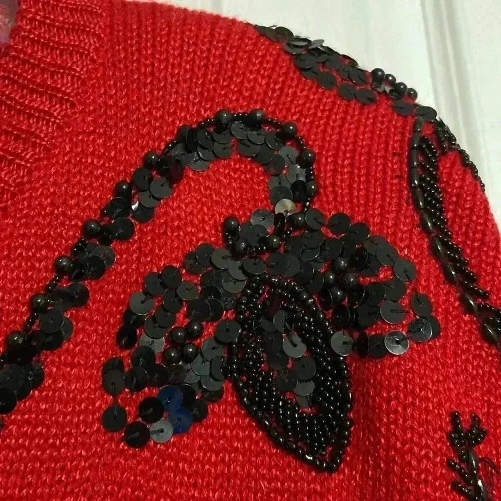 Dana Scott vintage 80’s embellished red & black sequin knit sweater size MEDIUM - Picture 9 of 12